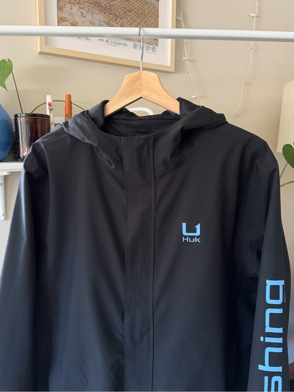 Huk Black Hooded Jacket with Light Blue Logo